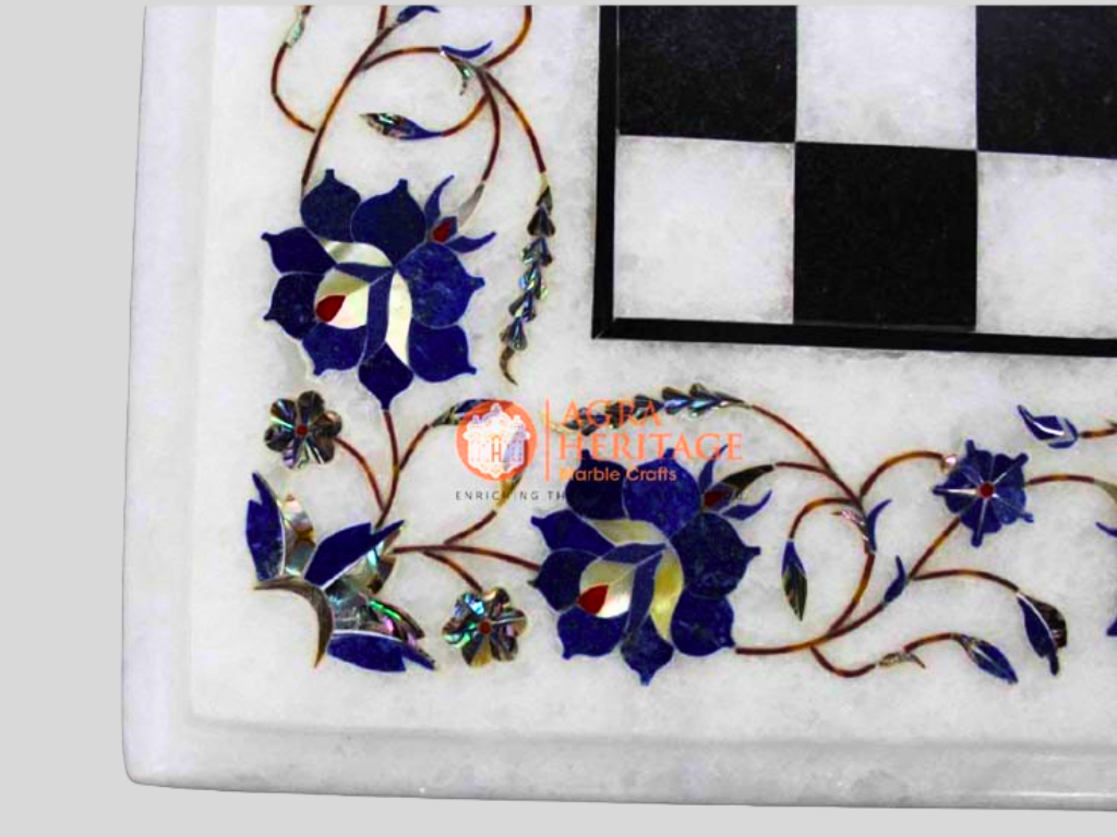 White Marble Pietradura Inlay Floral Chess Table Top